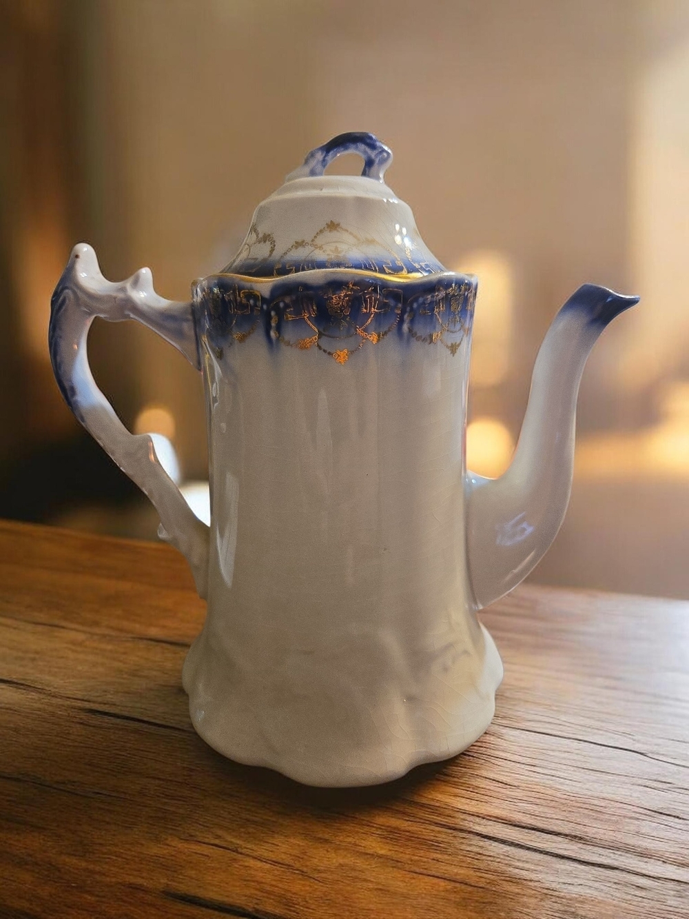 Antique Flow Blue Porcelain Chocolate Pot Gold Gilt Swag Coffee Teapot Unmarked